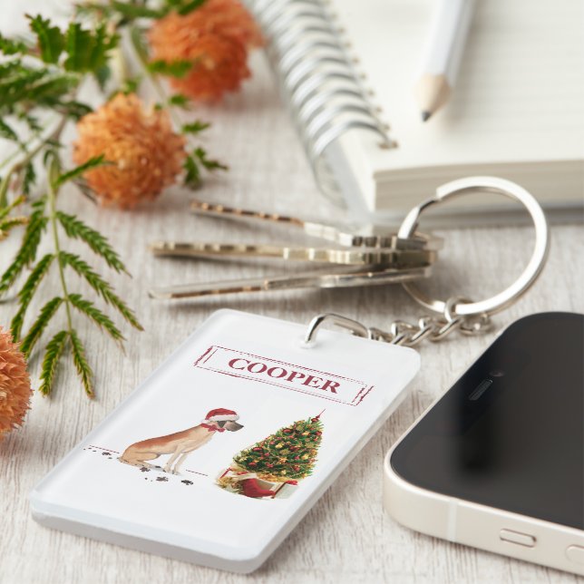 Great Dane Funny Christmas Dog mit Baum Schlüsselanhänger (Vorderseite rechts)