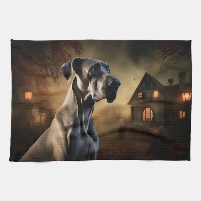 Great Dane Halloween Beängstigend Geschirrtuch (Horizontal)