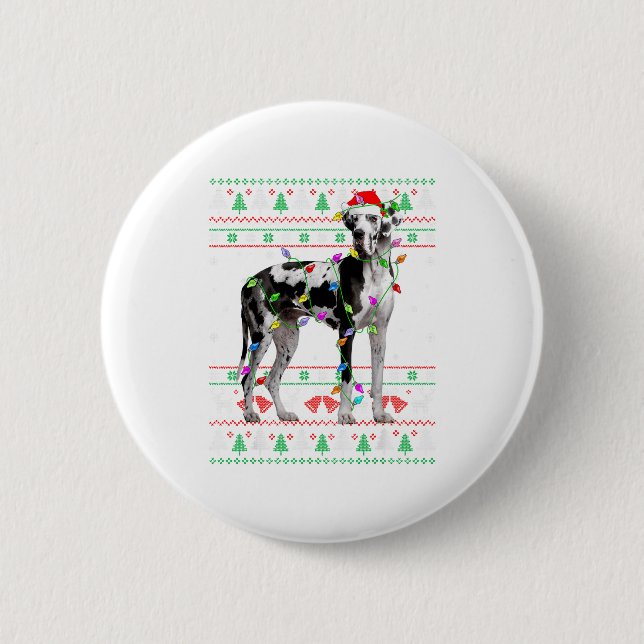 Great Dane Harlequin Dog Christmas Ugly Sweater Li Button (Vorderseite)