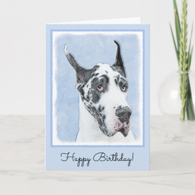 Great Dane (Harlequin) Malerei - Original Dog Art Karte (Vorderseite)