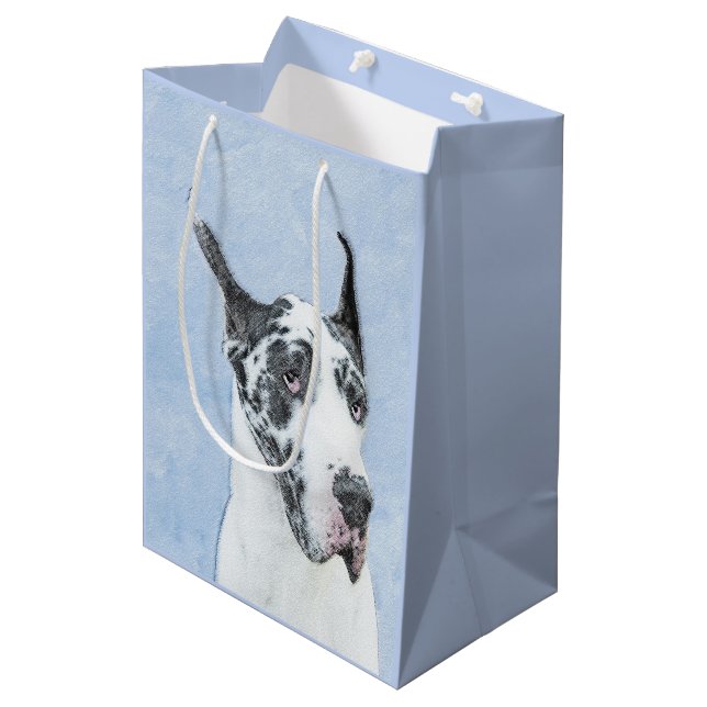 Great Dane (Harlequin) Malerei - Original Dog Art Mittlere Geschenktüte (Vorderseite Schrägansicht)