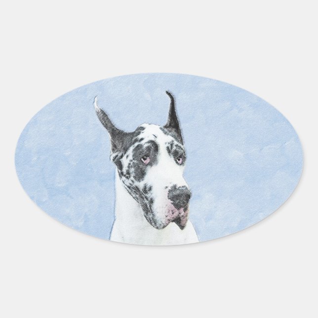 Great Dane (Harlequin) Malerei - Original Dog Art Ovaler Aufkleber (Vorderseite)