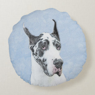 Great Dane (Harlequin) Malerei - Original Dog Art Rundes Kissen