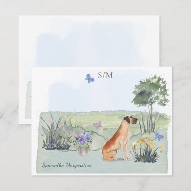Great Dane Hund Butterfly Monogramm und Name Mitteilungskarte (Vorne/Hinten)