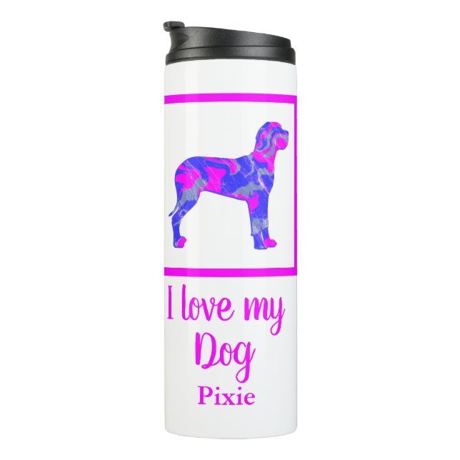 Great Dane Hund Hot Pink & Blue Silhouette Thermosbecher (Nach rechts gedreht)