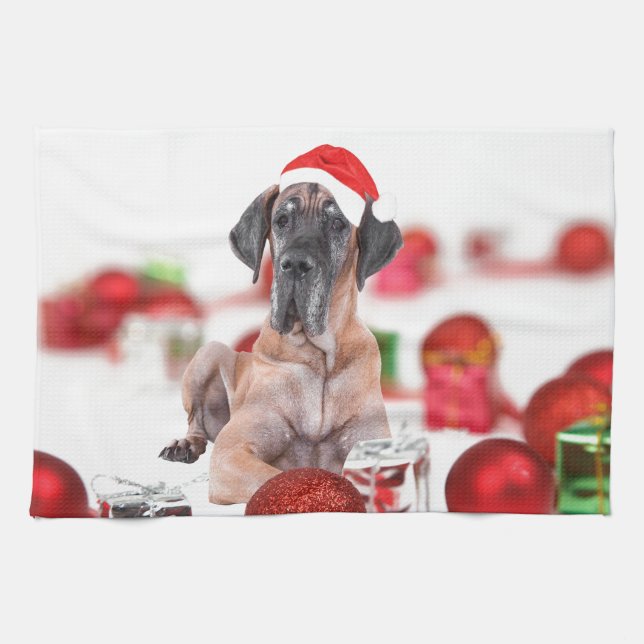 Great Dane Hund mit Weihnachtsgeschenke Küchentuch (Horizontal)