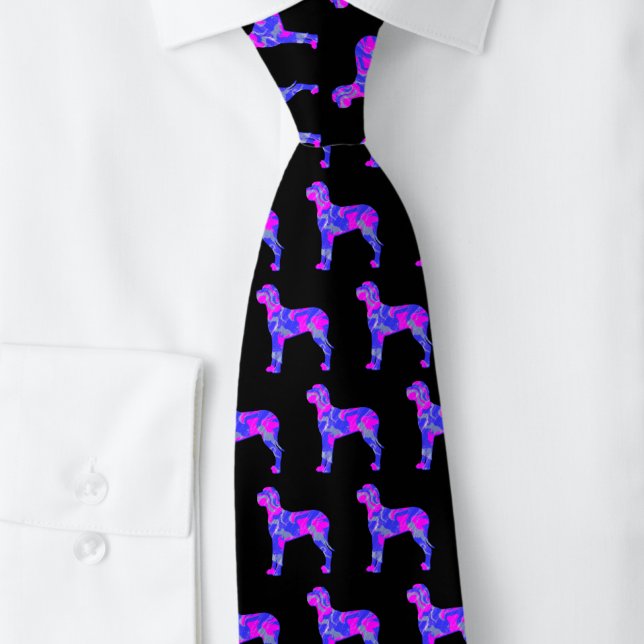 Great Dane Hund Niedlich Pink Silhouette Black Nec Krawatte (Great Dane black tie with pink and blue silhouette )
