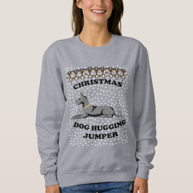 Great Dane Hund Weihnachts-Hund umarmt Sweatshirt (Vorderseite)