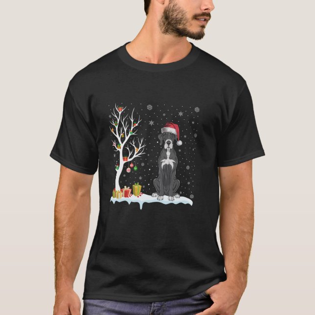 Great Dane Hund Weihnachtsmannmütze Festive Tree L T-Shirt (Vorderseite)
