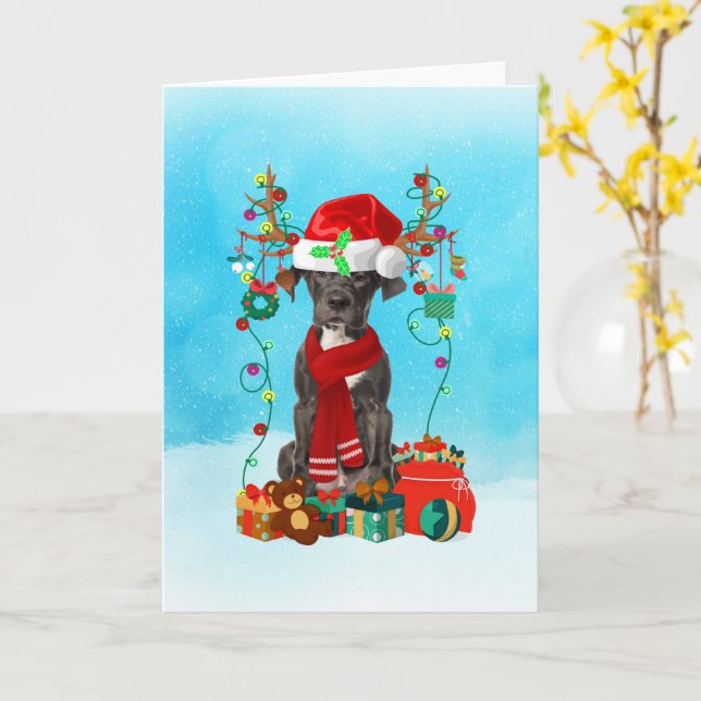 Great Dane im Schnee mit Weihnachtsgeschenken Karte (Gelbe Blume)