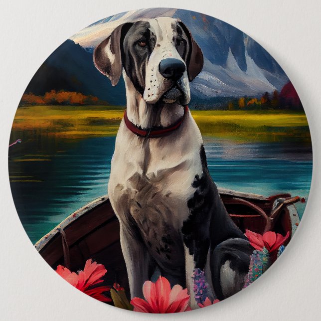 Great Dane on a Paddle: Ein Landschaftliches Abent Button (Vorderseite)