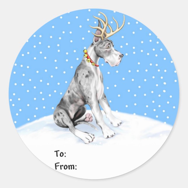 Great Dane Reindeer Christmas Merle Geschenktasten Runder Aufkleber (Vorderseite)