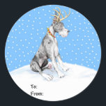 Great Dane Reindeer Christmas Merle Geschenktasten Runder Aufkleber<br><div class="desc">Dressed in Antlers und ein roter Glockenkragen - das Dane Deer ist bereit,  euch in dieser Weihnachtszeit beim Holiday Spirit zu helfen und wird sicher ein Favorit sein.</div>