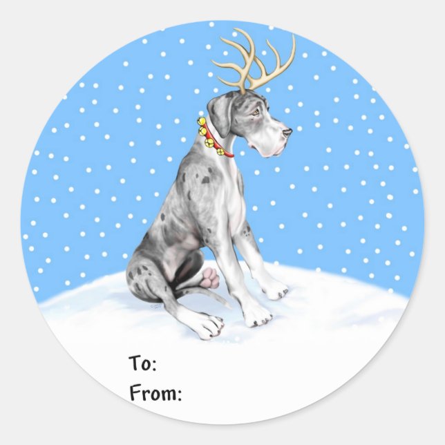 Great Dane Reindeer Christmas Merle UC Geschenktas Runder Aufkleber (Vorderseite)
