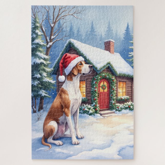 Great Dane Snowy Cabin Santa Hat Christmas Art (Vertikal)
