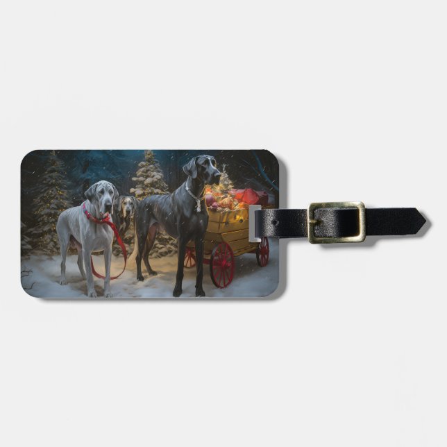 Great Dane Snowy Sleigh Weihnachtsdekor Gepäckanhänger (Vorderseite horizontal)