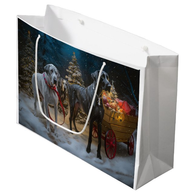 Great Dane Snowy Sleigh Weihnachtsdekor Große Geschenktüte (Vorderseite Schrägansicht)