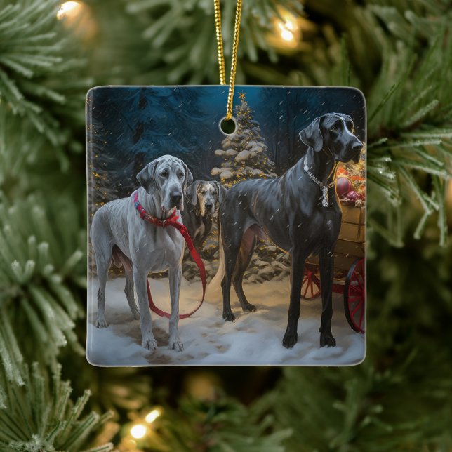 Great Dane Snowy Sleigh Weihnachtsdekor Keramikornament (Baum)