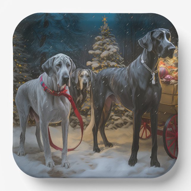 Great Dane Snowy Sleigh Weihnachtsdekor Pappteller (Vorderseite)
