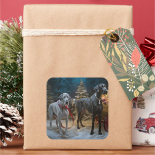Great Dane Snowy Sleigh Weihnachtsdekor Quadratischer Aufkleber
