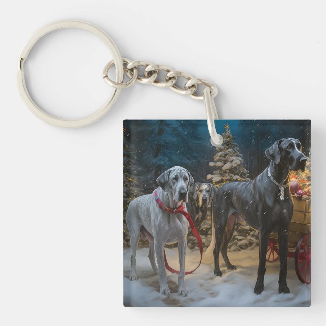 Great Dane Snowy Sleigh Weihnachtsdekor Schlüsselanhänger (Vorderseite)