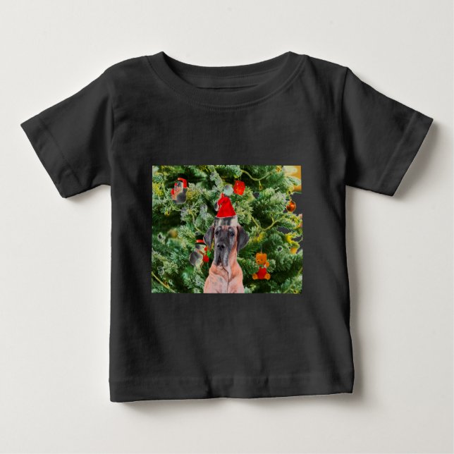 Great Dane w Christmas Tree Geschenkboxen Weihnach Baby T-shirt (Vorderseite)