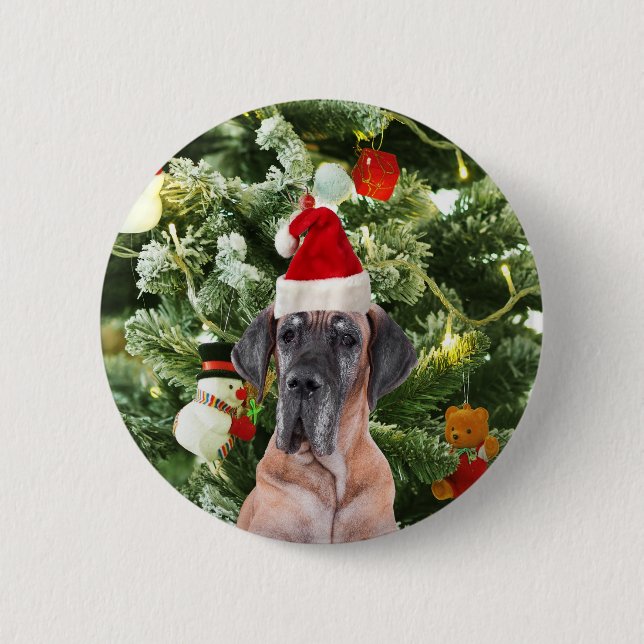 Great Dane w Christmas Tree Geschenkboxen Weihnach Button (Vorderseite)