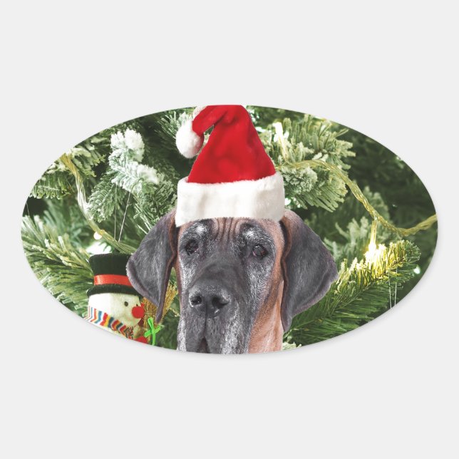 Great Dane w Christmas Tree Geschenkboxen Weihnach Ovaler Aufkleber (Vorderseite)
