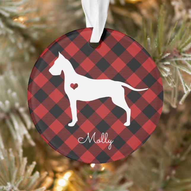 Great Dane Weihnachten Karierter Hund Name Foto Ornament (Baum)