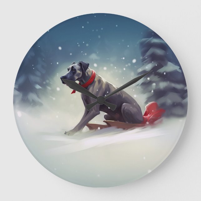 Great Dane Weihnachtsschnee Winter Große Wanduhr (Vorderseite)
