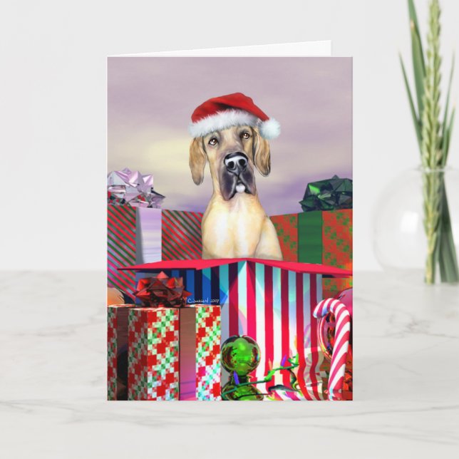 Great Dane Weihnachtsüberraschung Fawn UC Feiertagskarte (Vorderseite)