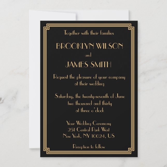 Great Gatsby Art Deco Black Gold Hochzeit Einladun Einladung (Vorderseite)