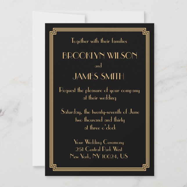 Great Gatsby Art Deco Black Gold Hochzeit Einladun Einladung (Vorderseite)