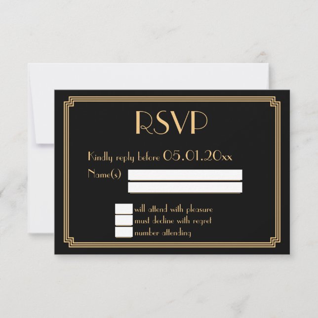 Great Gatsby Art Deco Black Wedding RSVP Cards (Vorderseite)
