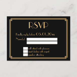 Great Gatsby Art Deco Black Wedding RSVP Cards Karte