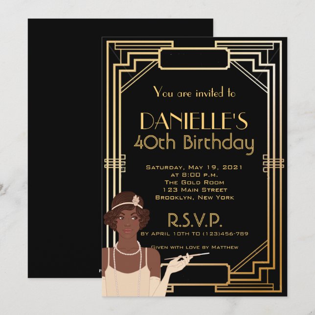 Great Gatsby  Art Deco Geburtstag Einladung (Vorne/Hinten)