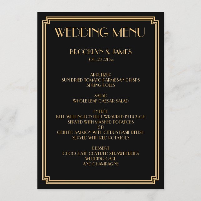 Great Gatsby Art Deco Gold Black Wedding Menü Menükarte (Vorderseite)
