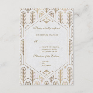 Great Gatsby Art Deco Gold White Wedding RSVP Karte