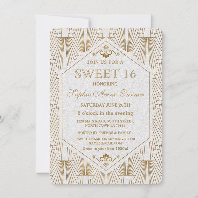 Great Gatsby Art Déco Or Blanc Sweet 16 Invitation (Devant)