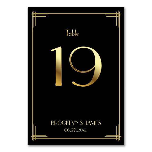 Great Gatsby Art Deco Tischnummer 19 Gold Black (Vorderseite)