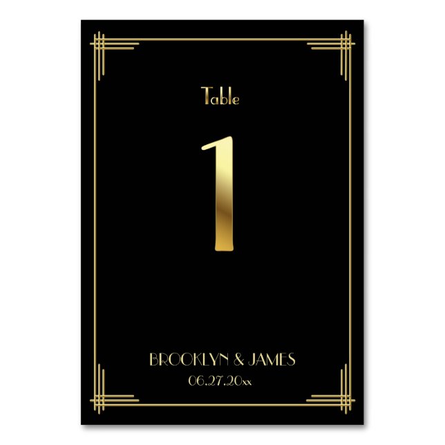 Great Gatsby Art Deco Tischnummer 1 Gold Schwarz (Vorderseite)