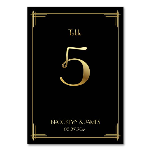Great Gatsby Art Deco Tischnummer 5 Gold Schwarz (Vorderseite)