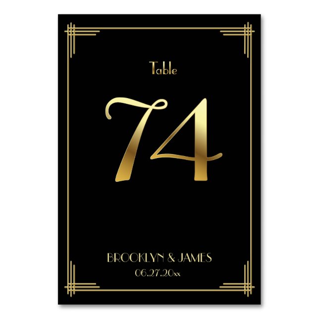 Great Gatsby Art Deco Tischnummer 74 Gold Black (Vorderseite)