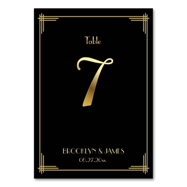 Great Gatsby Art Deco Tischnummer 7 Gold Schwarz (Vorderseite)