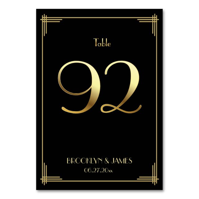 Great Gatsby Art Deco Tischnummer 92 Gold Black (Vorderseite)