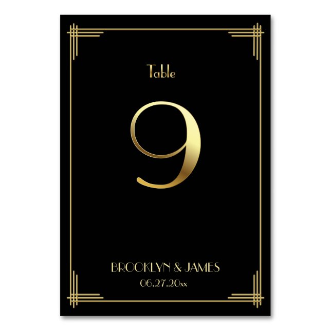 Great Gatsby Art Deco Tischnummer 9 Gold Schwarz (Vorderseite)
