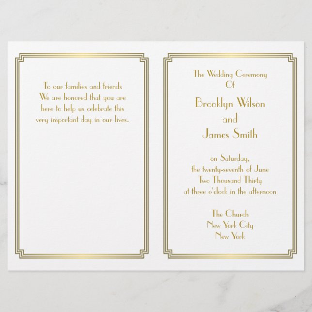 Great Gatsby Art Déco White Gold Wedding Programme (Devant)