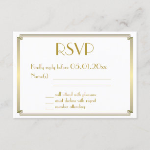 Great Gatsby Art Deco White Gold Wedding RSVP Card