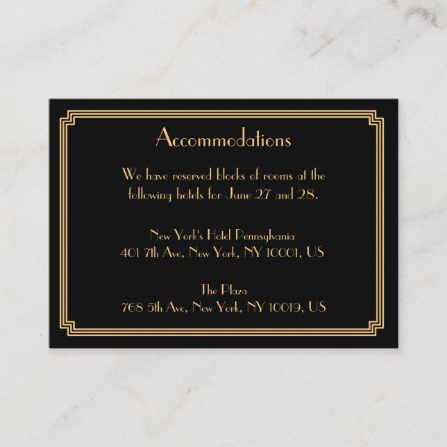 Great Gatsby Black Wedding Unterkunft Cards Begleitkarte (Vorderseite)