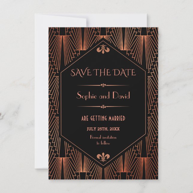 Great Gatsby Copper Art Deco Hochzeit speichern da Einladung (Vorderseite)